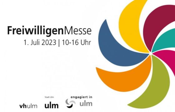 Plakat für FreiwilligenMesse 1. Juli 2023 10–16 Uhr mit buntem Windrad