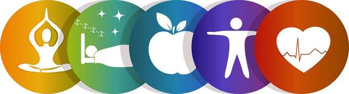 Fünf farbige Kreise mit Symbolen für Yoga Schlaf Ernährung Bewegung Herzgesundheit
