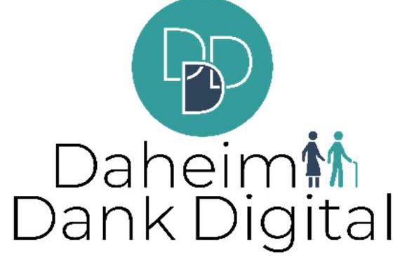 Daheim Dank Digital Logo mit stilisiertem D und zwei Seniorenfiguren
